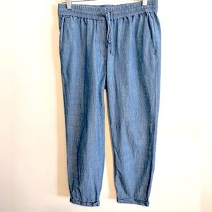 J. Crew Factory Cotton Chambray Ankle Pants in Blue. Drawstring Waist. Size 4